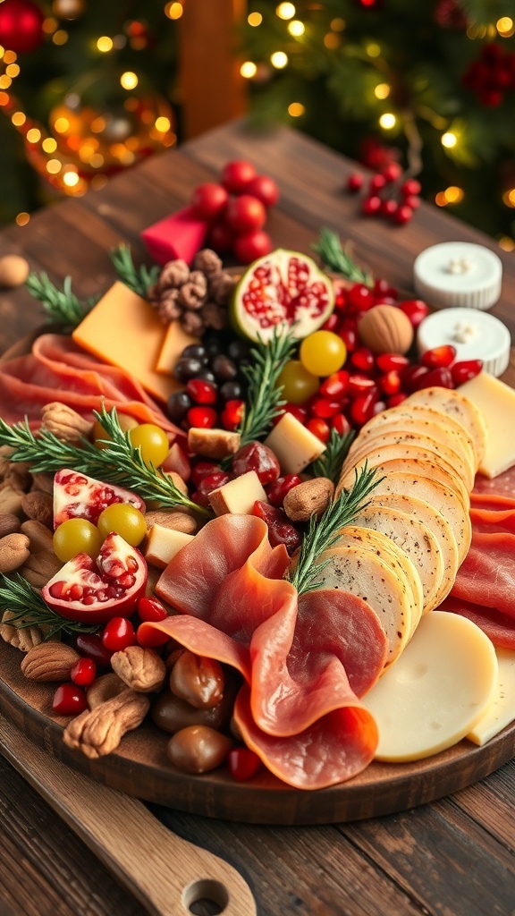 Festive Christmas Charcuterie Board A festive charcuterie board with meats, cheeses, fruits, and nuts, decorated for Christmas.